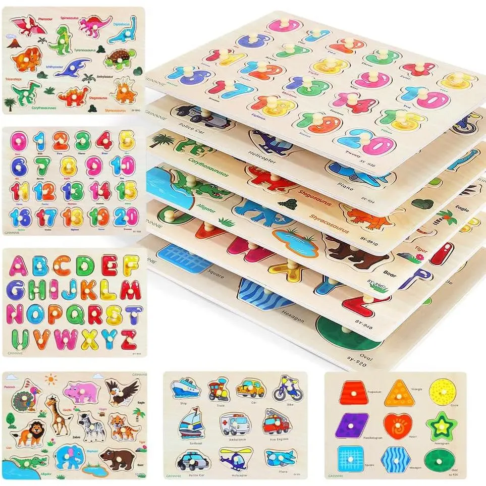 P-ITC041 Wooden Peg Puzzle for Toddlers, 6 Pack Toddler Puzzles Set for 3 4 5 Years Old (Alphabet Number Shape Animal Dinosaur Vehicle), Preschool Education Learning Puzzle Toys for Girls and Boys