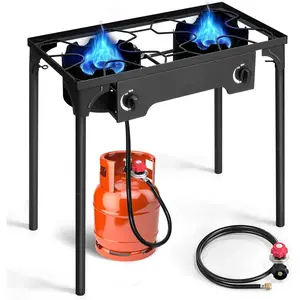 2 Burner Propane Gas Stove for Outdoor Cooking, 150,000 BTU Camping Cooker with Removable Legs, Temperature Control Knobs for Backyard Cooking, BBQ, Baking and Frying