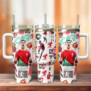 STORMMECH Cristano Soccer 7 Leak-Proof Insulated Mug - 40oz Double-Wall Vacuum Stainless Steel Straw Tumbler Mug, Cartoon Design, Washable Handle Straw Lid, 12H Hot/24H Cold Retention, Valentine/Birthday Gift, Leak-Proof Insulated Mugs, Straw Tumbler Mugs