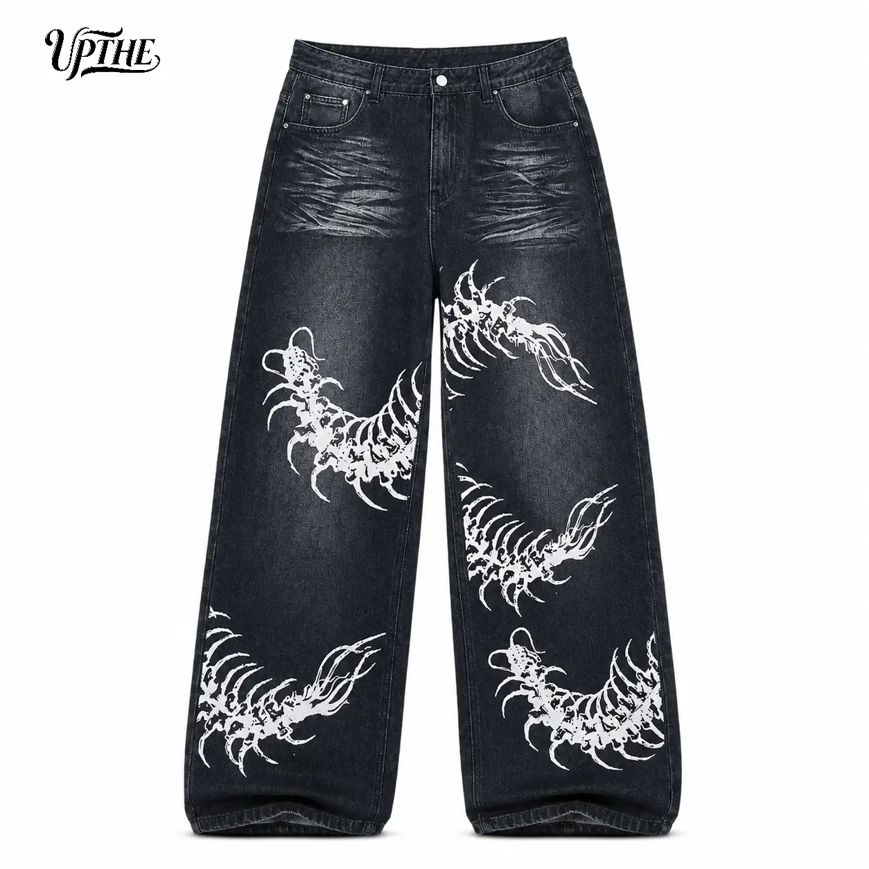 UP.THE Y2K Men's Black Denim Pants, Loose-Fit Wide-Leg Menswear with Stylish Centipede Graphic, Casual Vibe Hip Hop Classic Baggy Jeans Streetwear