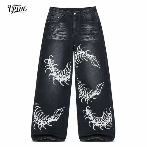 UP Men's Black Denim Button Jeans - Laid-Back Loose-Fit Wide-Leg Uncuffed Below Ankle, Stylish Centipede Print, Baggy Alt-Style Alternative Grunge Streetwear, New Year Camping Essential, Baggy Uncuffed Men's Jeans