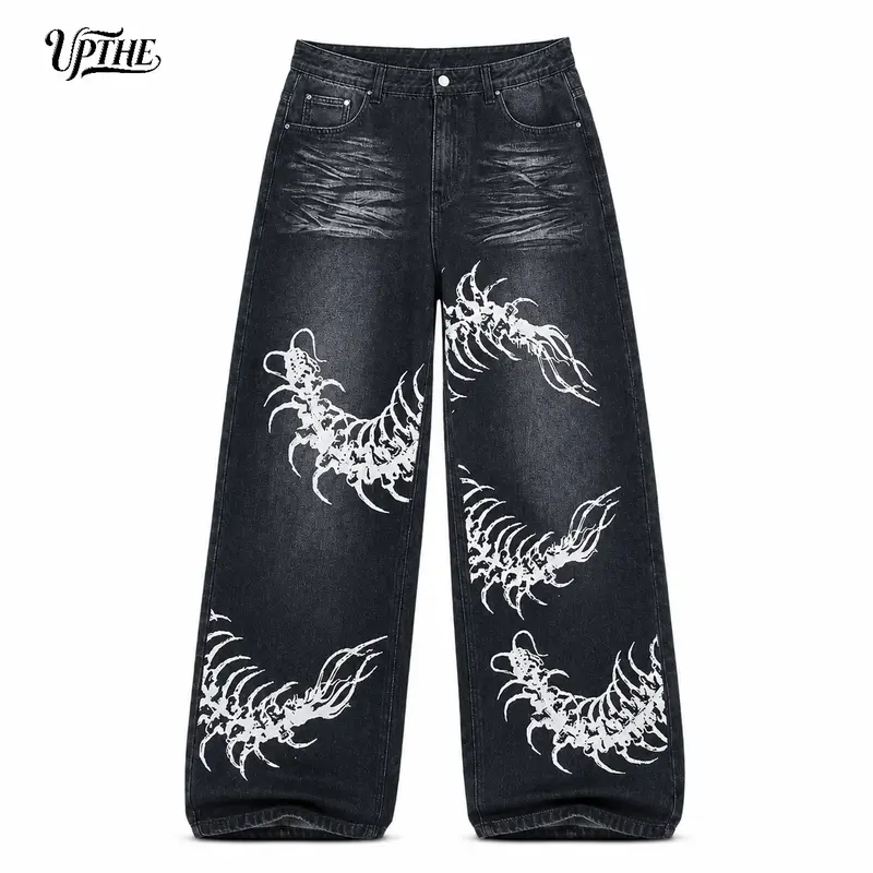 UP THE-Men's Black Rayon Denim Button Jeans - Laid-Back Loose-Fit Wide-Leg Uncuffed Below the Ankle, Stylish Centipede Print, Plain Baggy Alt-Style Grunge Streetwear, Halloween New Year Camping Essential