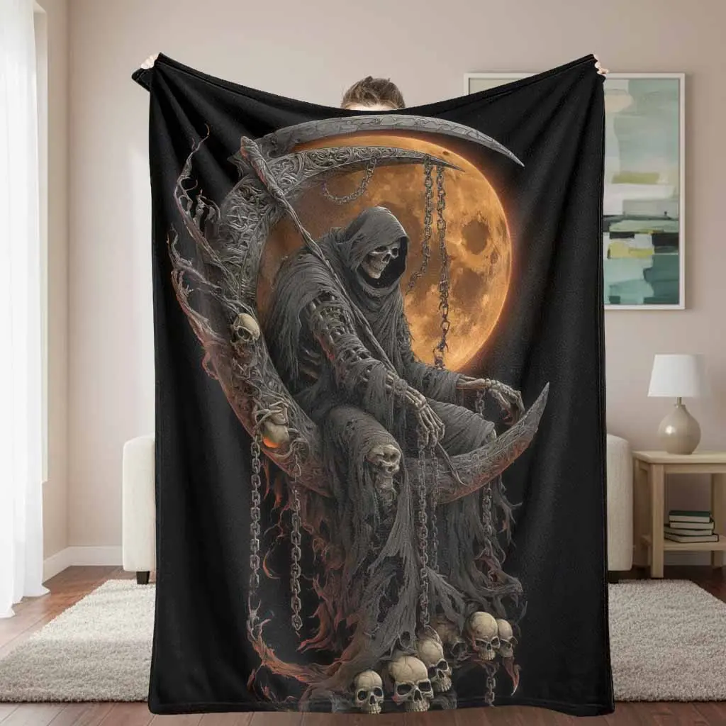 Grim Reaper Skull and Moon Print Flannel Blanket - Super Soft, Cozy Warm, Lightweight, Durable, Breathable, Wrinkle Resistant Bedroom Bedding Blanket for Halloween, Gothic Room Decor, Sofa, Bedroom Bedding Blankets
