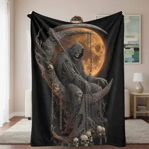 Grim Reaper Flannel Blanket, Skull and Moon Print, Super Soft Cozy Warm, Lightweight and Durable, Perfect for Halloween Decor, Gothic Themed Room, Dorm Decor, Sofa Couch, Bed, Spooky Gift.