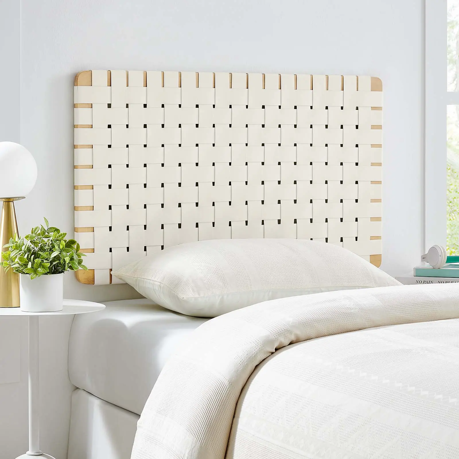 Modway Sparta Weave Wall-Mount Twin Vegan Leather Wood Headboard, Natural Beige Headboard for Bed