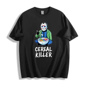 Casual Horror Style Unisex T-Shirt Cereal Killer With Jason Voorhees Eating Cereal Halloween Party Wear For Fans Of Horror Movies And Pop Culture Gifts For Men Women And Teens