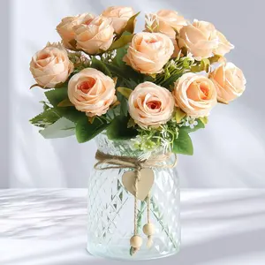 Faux Flowers in Vase, 18Pcs Fake Rose Flowers with Vase, Artificial Flowers Home Decor, Indoor Centerpiece for Living Room & Dining Table, Champagne