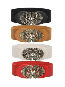 4 Pack Women Vintage Wide Waist Belts for Dress, Elastic Cinch Belt with Retro Interlocking Buckle, Adjustable Belts