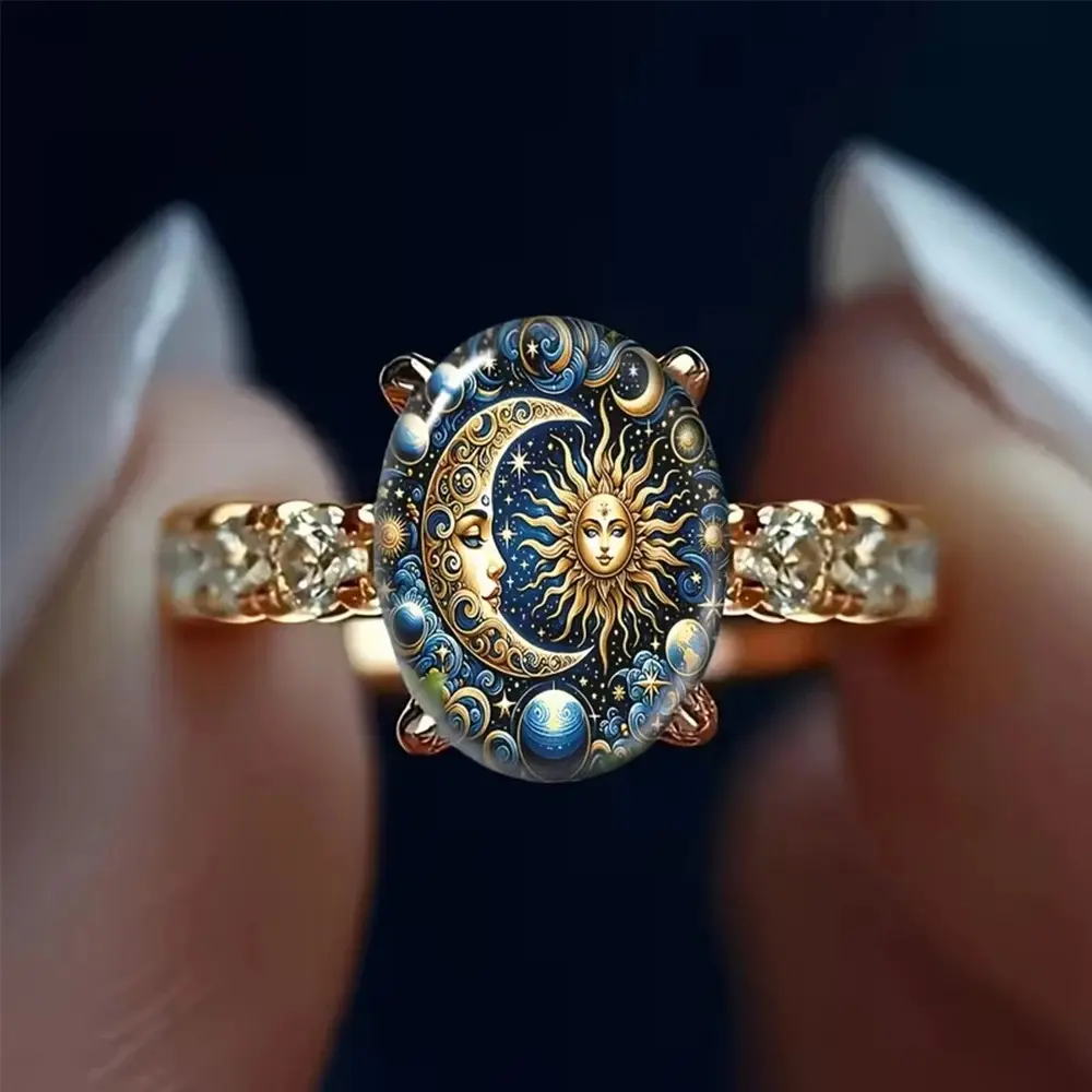 Women's Bohemian Sun-Moon-Star Print Declaration Ring, Oval Glass CZ Inlaid Mysterious Astrology Costume Jewelry Gift