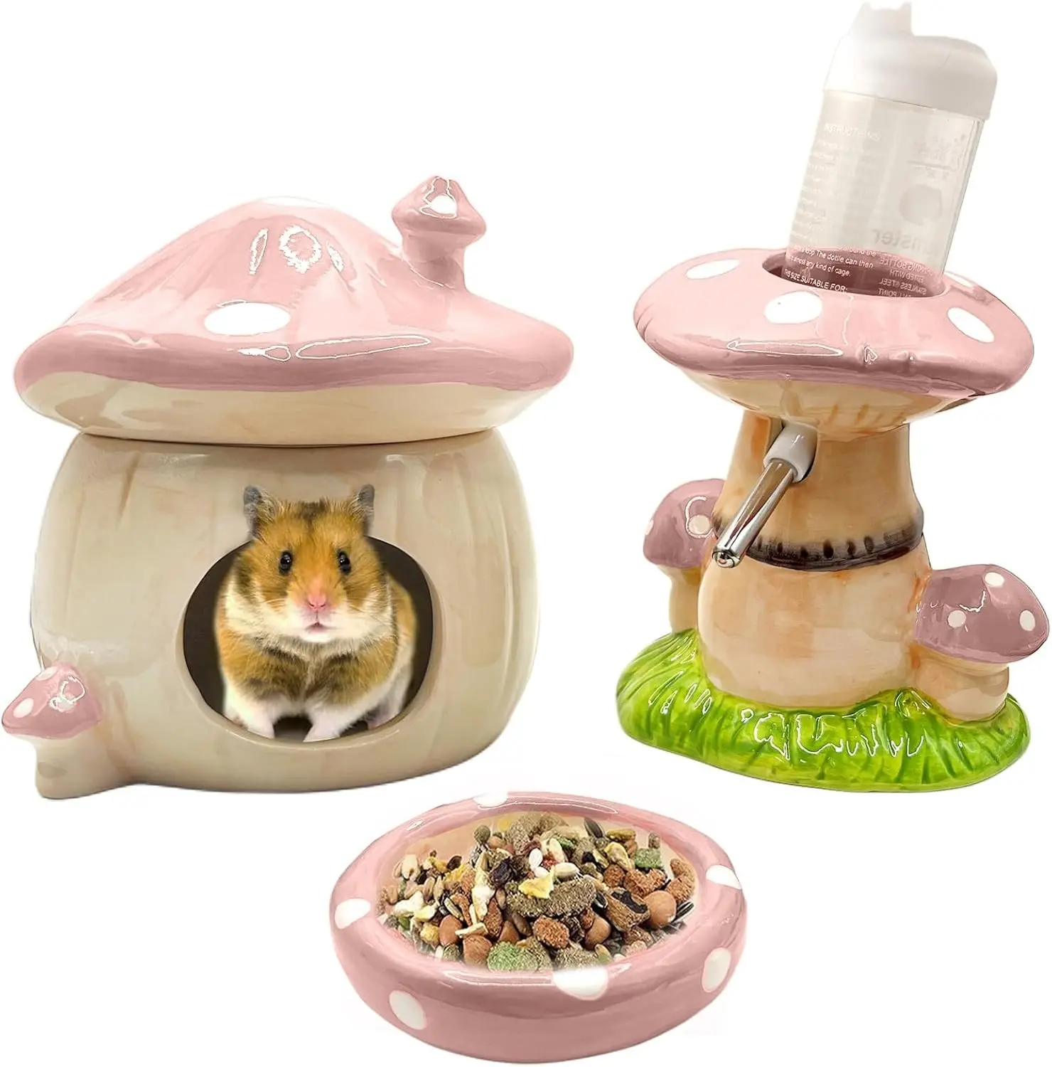 Mushroom Ceramic Hamster Hideout with Water Bottle Stand and Food Bowl, Pink Hamster Accessories