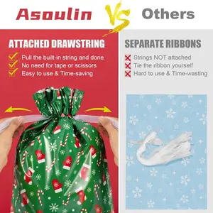 Christmas Drawstring Gift Bags with Tags - 32 PCS Stand Up Gift Bags Assorted Sizes Large Medium Small Foil Gift Wrapping Bags for Birthday, Goodies, Xmas Holiday Party Decoration Supplies