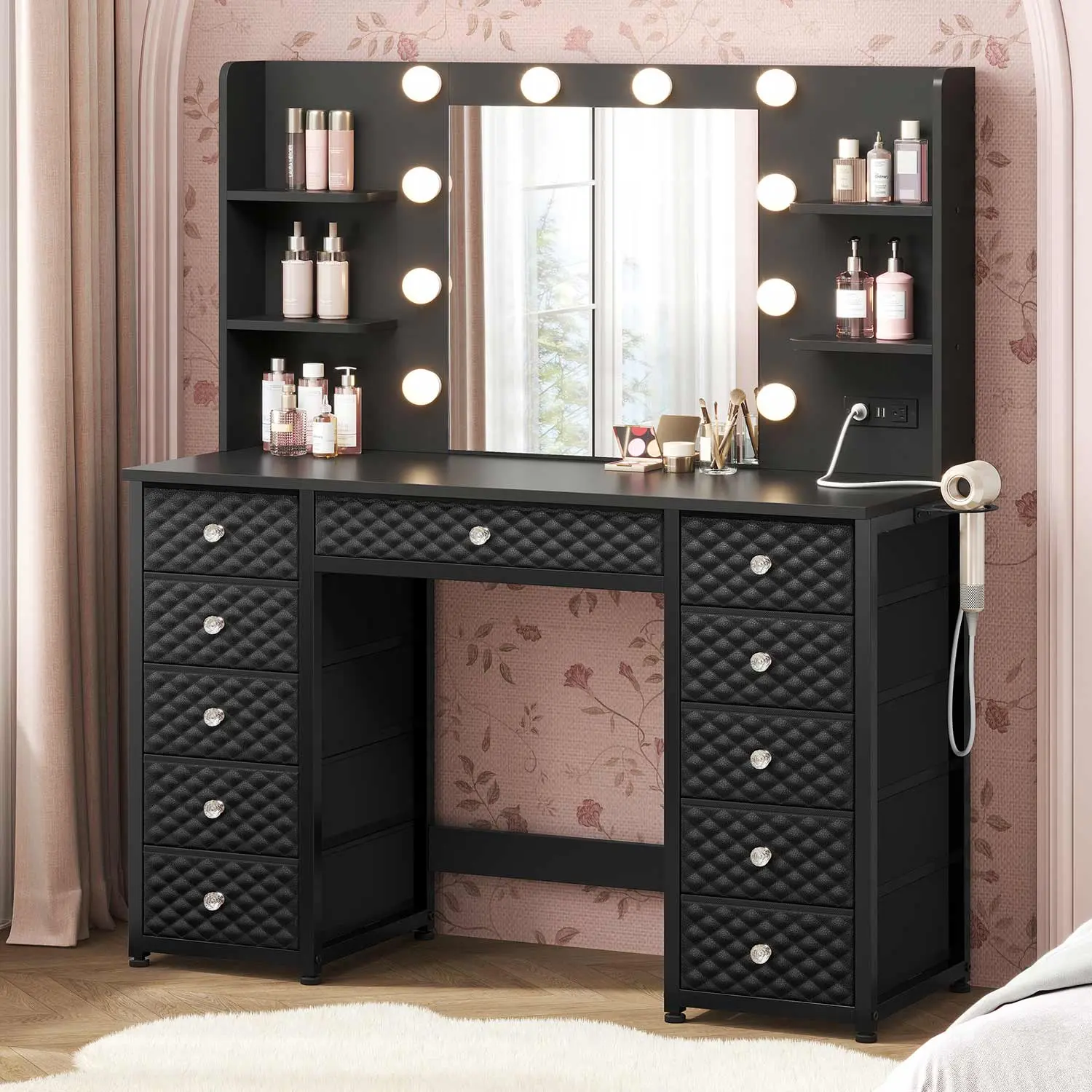 Sikaic Black Makeup Vanity Desk with Mirror and LED Lights, 11 Drawers, 6 Open Shelves and Charging Station