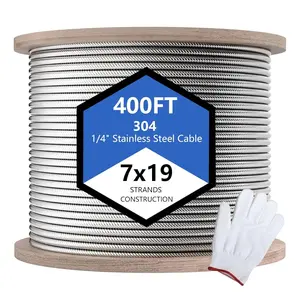 Maeklon 400ft 1/4" Stainless Steel Cable, 7x19 Strand Aircraft Wire Rope, Breaking Strength 6400 Ibs Stainless Steel Zip Line for Heavy Duty Applications, Deck Railing, and String Lights