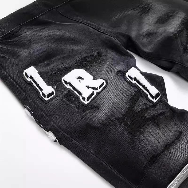 Men's retro black jeans with ripped holes, trendy stretch slim fit, fashionable pants, versatile men's pants Casual