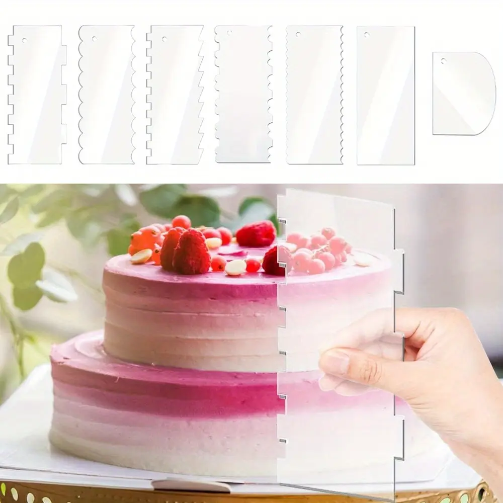 7pcs Acrylic Cake Scraper Set, Decorating Contour Stripe Cake Comb, Saw Tooth Smoother Buttercream Frosting Scraper, Kitchen Accessories, Baking Tools, DIY Supplies, Cakes Tools
