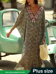 Plus Size Ethnic Pattern Batwing Sleeve Split Thigh Vintage Tunic Dress, Summer Clothes Women, Boho V Neck 3/4 Length Sleeve Summer Outfits for Beach Holiday Vacation, Women's Clothes, Bohemian Print Dresses