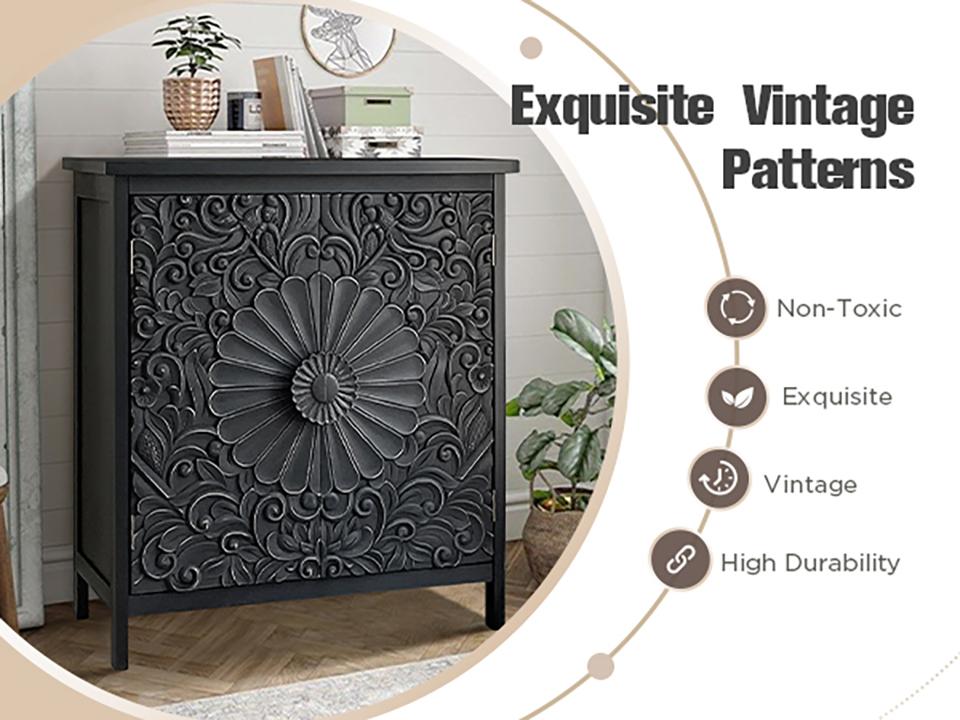 [New Year] PHI VILLA Black Accent Cabinet with 2 Carved Pattern Doors, Solid Wood Frame & Legs for Entryway and Living Room Furniture Design Interior Storage, Christmas Gift