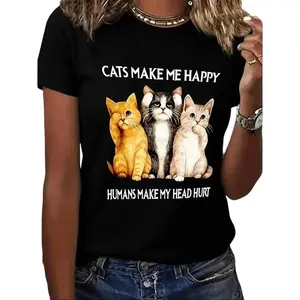 Women's Casual Short Sleeve T-Shirt with Cute Cat Print & "Cats Make Me Happy" Humorous Graphic - Black Round Neck Top, Machine Washable Regular Fit Tee for Cat Lovers, Playful Fashion, Fun Design, Soft Fabric, Print Shirt, Humor Summer Womenswear
