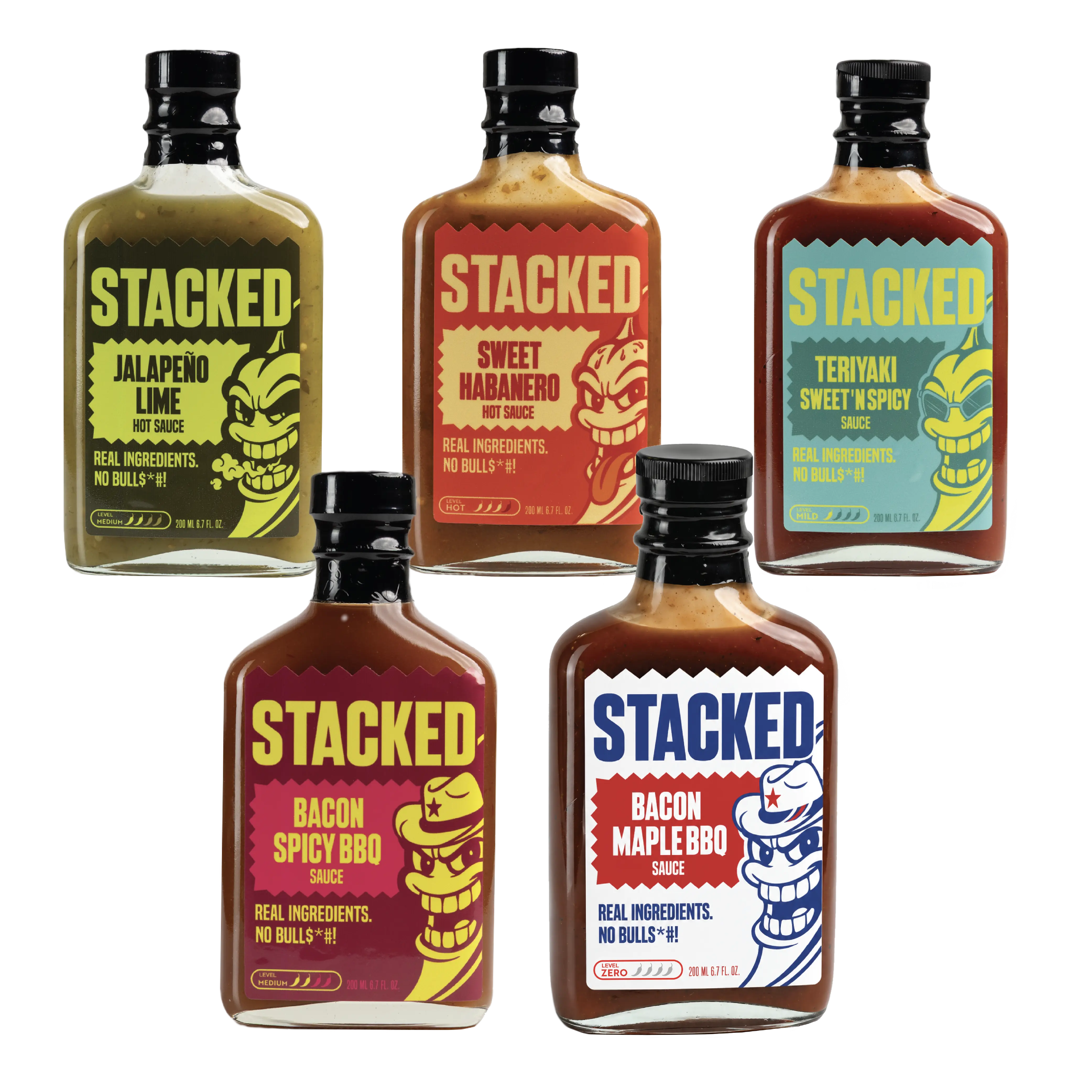 STACKED Variety Pack | Hot Sauce 5 Pack | Jalapeno Lime, Sweet Habanero, Teriyaki Sweet N' Spicy, Bacon Spicy BBQ, Maple Bacon BBQ