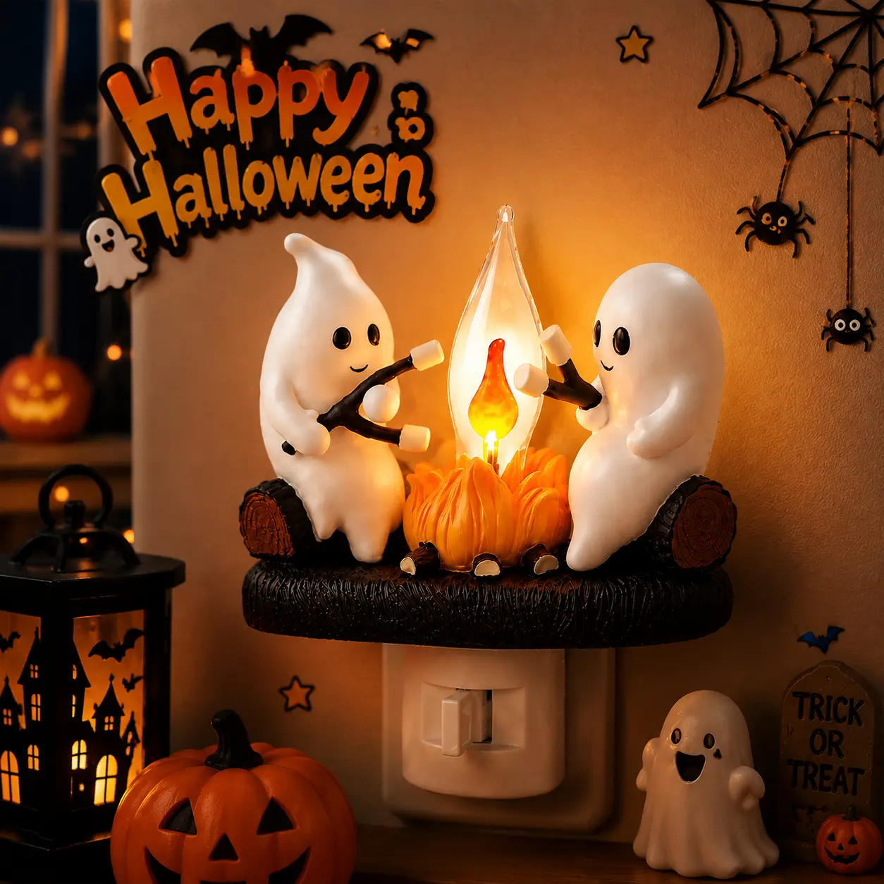 Ghost Campfire Flickering Night Light, 3D LED Faux Campfire Decoration with Cute Ghost Design, Halloween Indoor Figurine Decor, Spooky Season Home Decorations for Bedroom, Party Decor, Halloween Gift,Halloween Decorations
