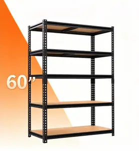 Zeukmxoo adjustable metal storage rack, natural wood particle board supports 385 lbs per layer, 5-tier shelf suitable for living room, basement, warehouse, pantry, closet, kitchen; 60 inches high x 27.5 inches wide x 12 inches deep