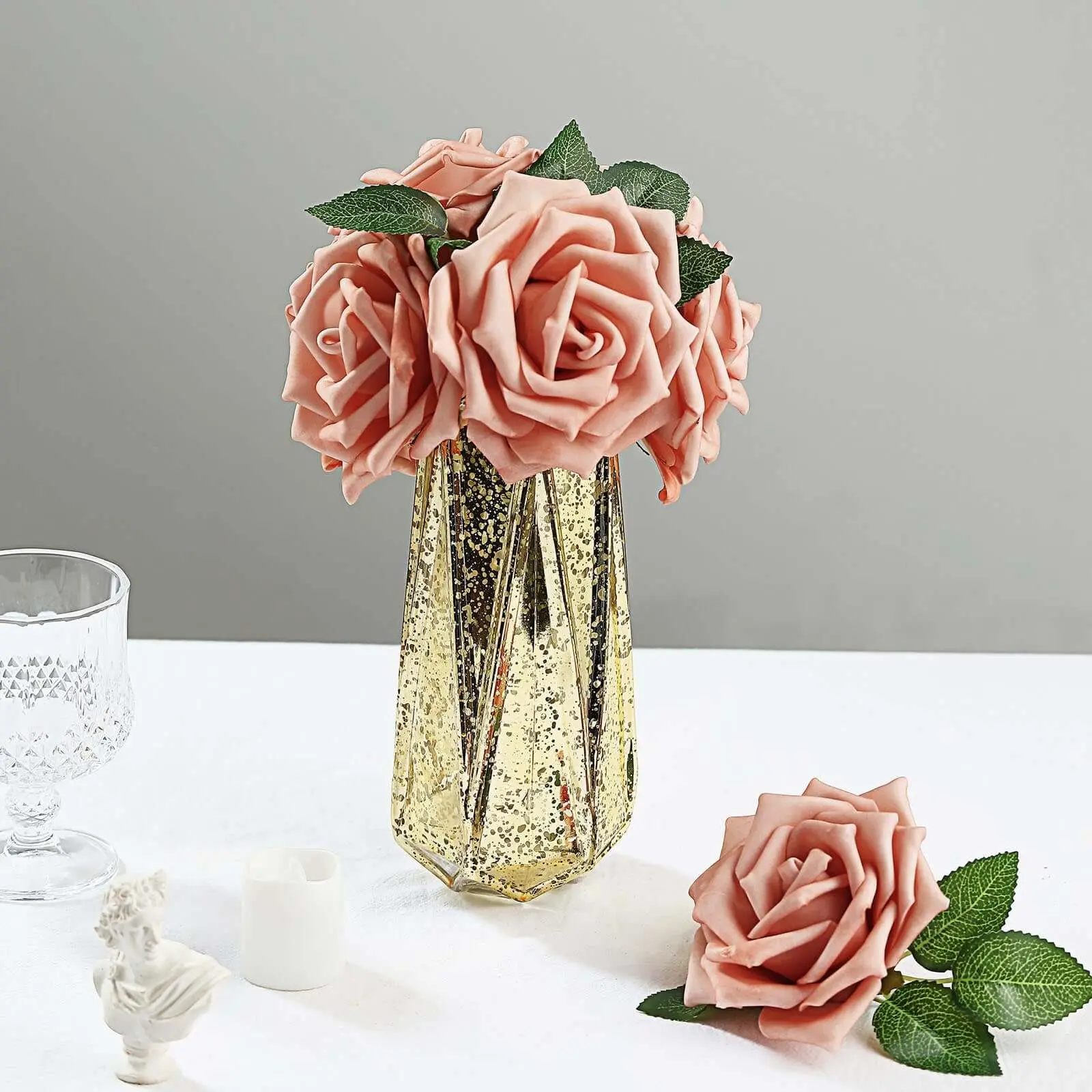 Artificial Roses Bouquet - 24 Dusty Rose Foam Flowers with Wire Stems, Leaves, 5 in Length, for Home Decor Supplies, DIY Projects, Floral Decor, Decorative