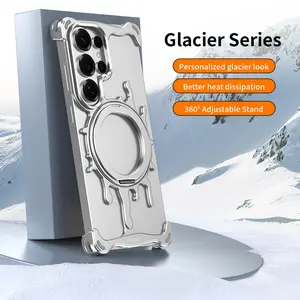 High-End Hollow Alloy Glacier Design Phone Case for Samsung Galaxy S26 Ultra S25 Ultra, Wireless Charging, 360° Rotating Stand, Car Magnet, Heat Dissipation, Drop Protection