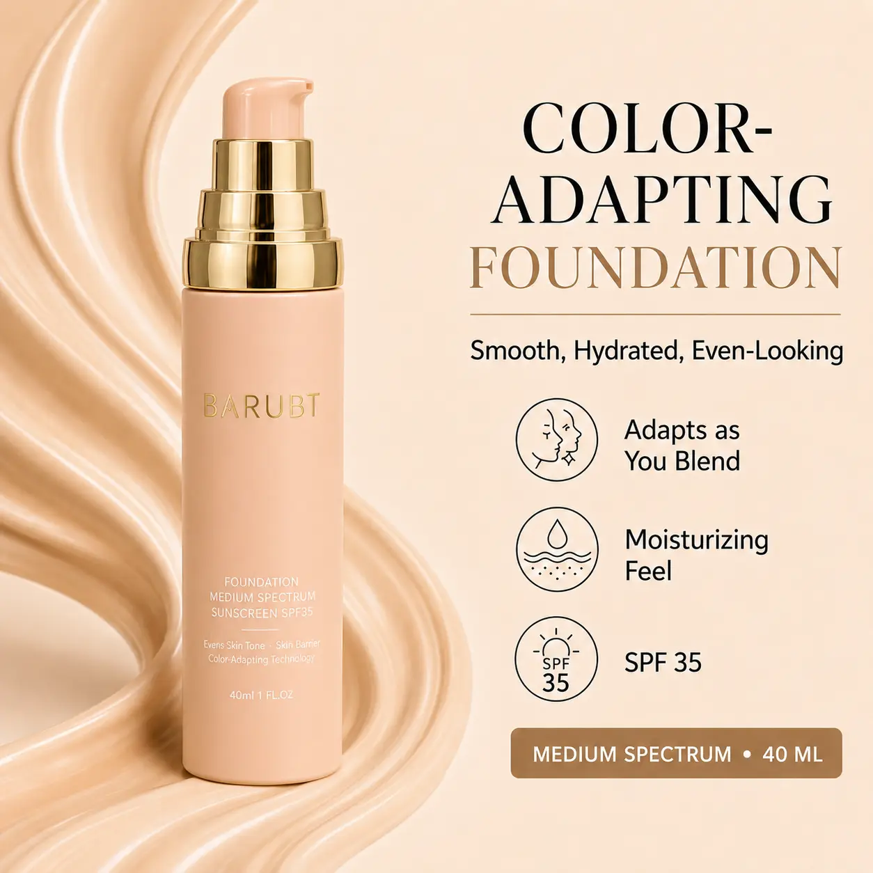4-in-1 Color-Adapting Foundation Cream, 40g Hydrating Face Makeup with Buildable Coverage, Smooth Even-Looking Skin Tone, Lightweight Natural Finish
