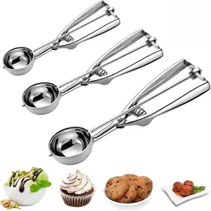 Stainless Steel Ice Cream Scoop Set of 3 - 3 Sizes Cookie Scoop with Trigger Release System for Baking & Desserts - Versatile Kitchen Tools