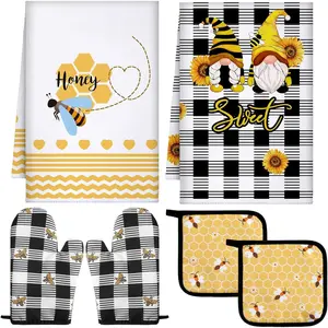 6 Pcs Bee Kitchen Decor and Accessories Set Yellow Honey Gnome Kitchen Towels Happy Farmhouse Oven Mitts and Holders for Spring Summer Baking Cooking (Classic Color Gnome)