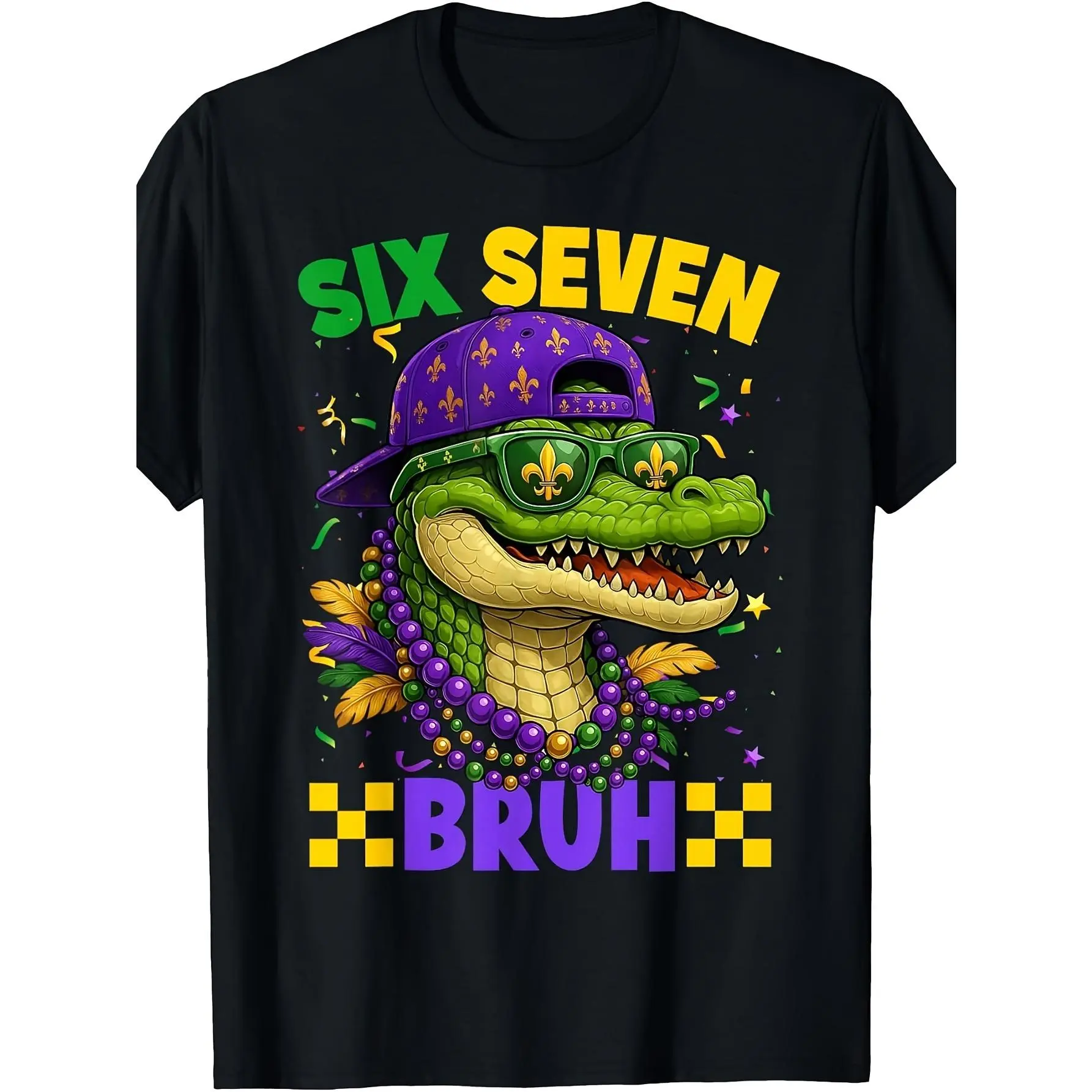 Mardi Gras Six Seven Bruh Mardigator Alligator 6 7 Meme MEN T-Shirt MENs'and girls' Leisure Cotton Tees for the Spring and Summer Months size