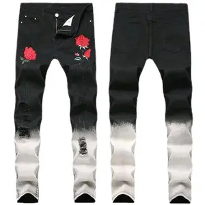 Black Feet Pants Rose Embroidered Shredded Jeans for Men with Distressed Look and Floral Detailing
