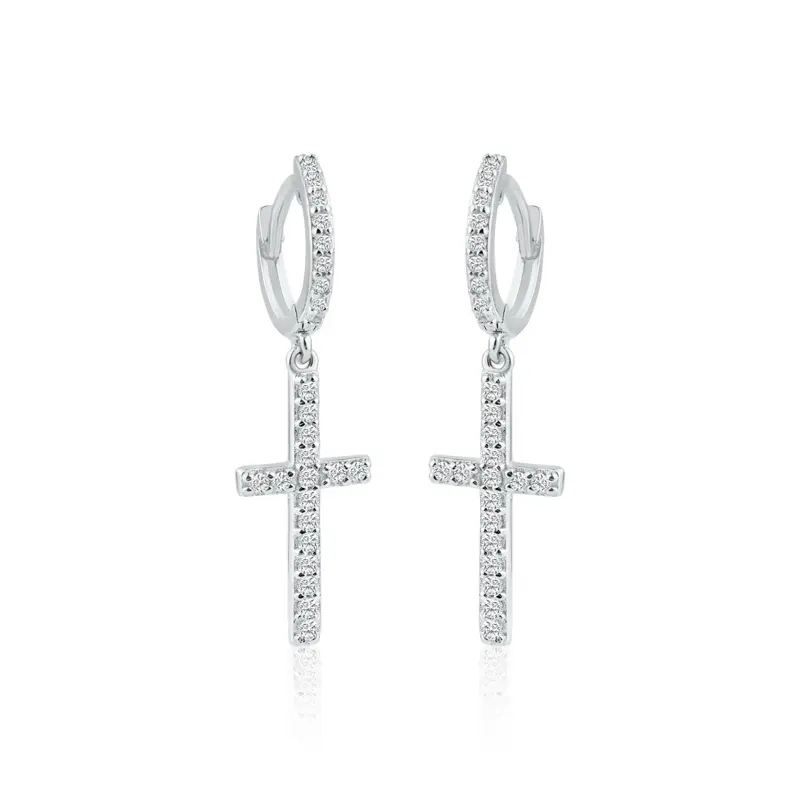 925 Sterling Silver Cubic Zirconia Cross Dangle Hoop Earrings for Women