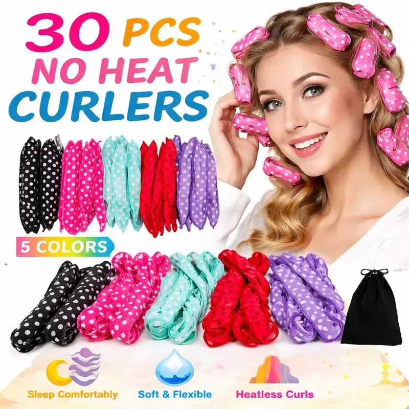 Women's 30Pcs Lightweight Flexible Foam Hair Rollers Set - Soft Sponge Pillow Curlers, Heatless Overnight Styling, Reusable No Heat Hair Care Tools, Cute Polka Dot Design with Storage Bag, DIY Beauty Essentials for Daily & Party Use (TikTok-Trending)