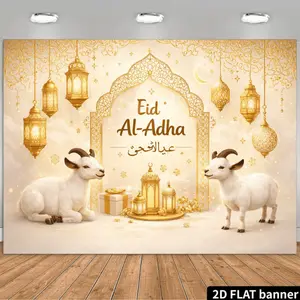 2D Flat Banner Polyester Photography Backdrop, HD Printed Eid Al-Adha Theme Background Cloth with Golden Lanterns, Crescent Moon, and White Goats, Soft Lightweight Foldable for Muslim Festival Celebrations, Eid Party Decor, and Ph