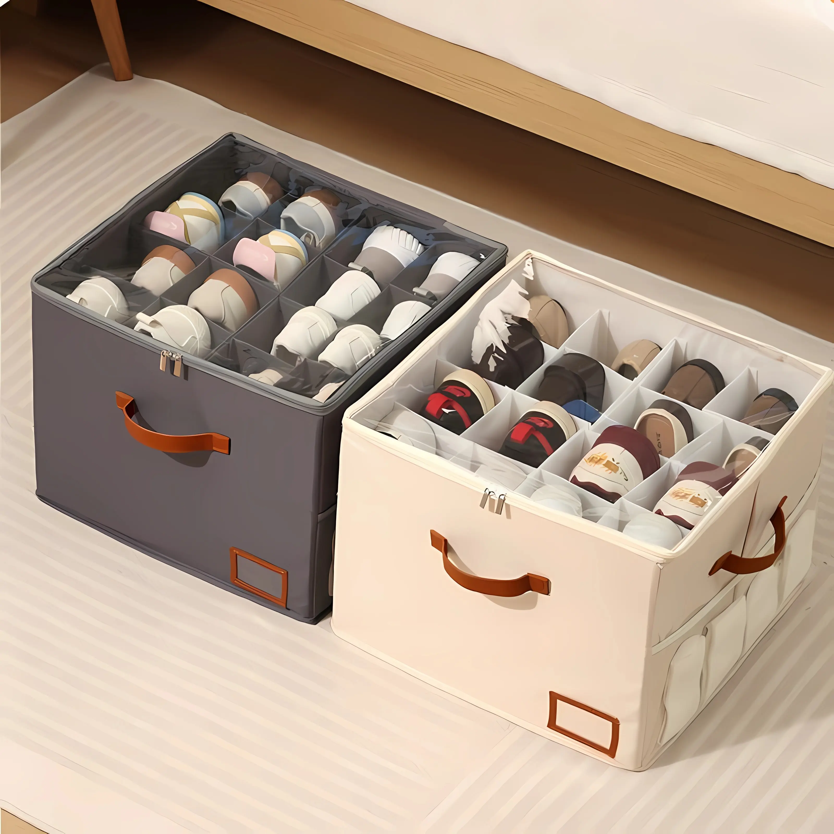 Shoe Organizer for Closet, 2 Pack Foldable Shoe Storage Containers, Fabric Shoe Storage Boxes with Clear Cover, Adjustable Dividers for Shoe Organizer, Fits up to 16-32 Pairs, Closet Shelf Storage ，shoe rack organizer，shoe rack