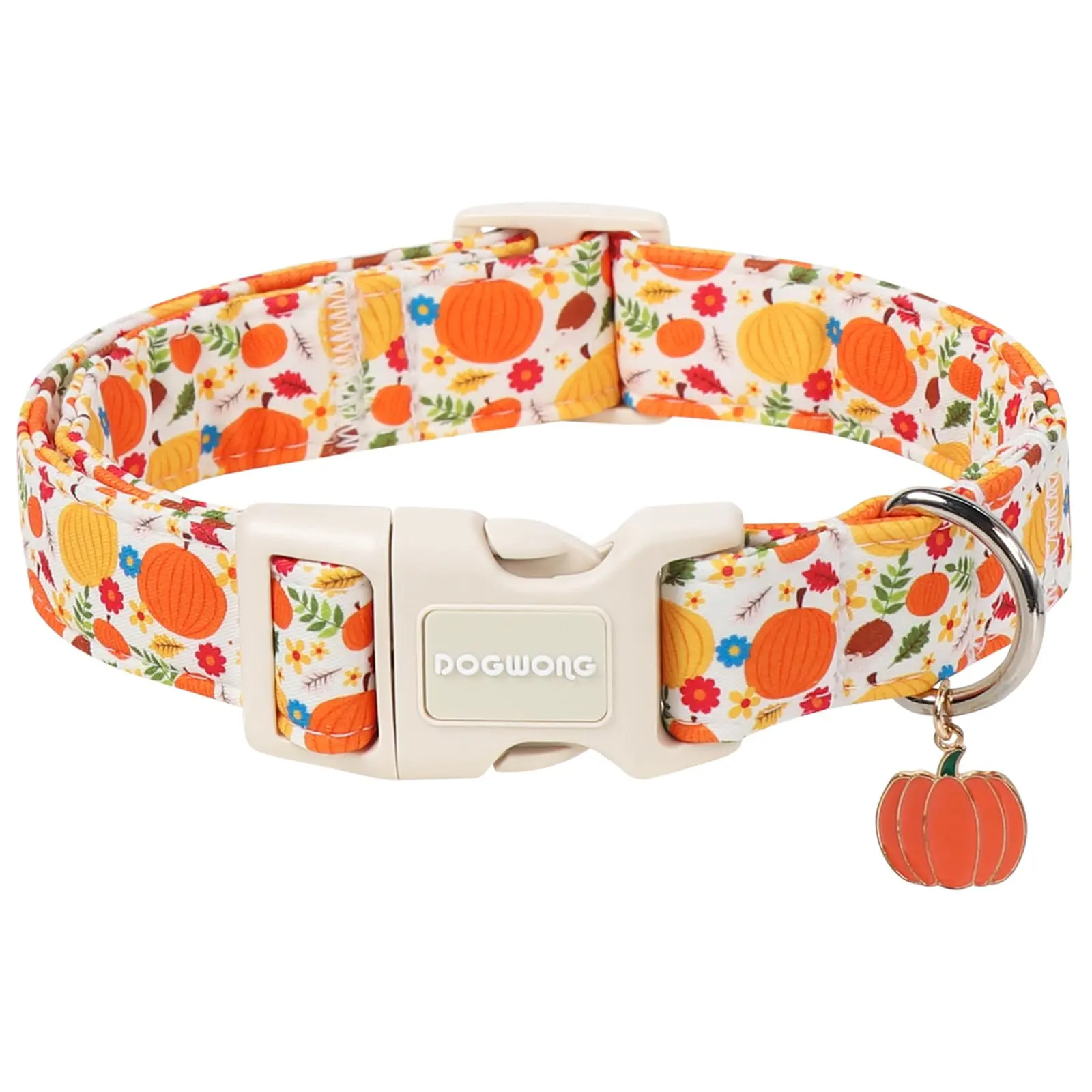 DOGWONG Cotton Pumpkin Dog Collar with Quick-Release Buckle & Cute Charms, Lightweight Adjustable Universal Puppy Accessory - Fall Necklace for Small Medium Large Dog Breeds, Comfortable