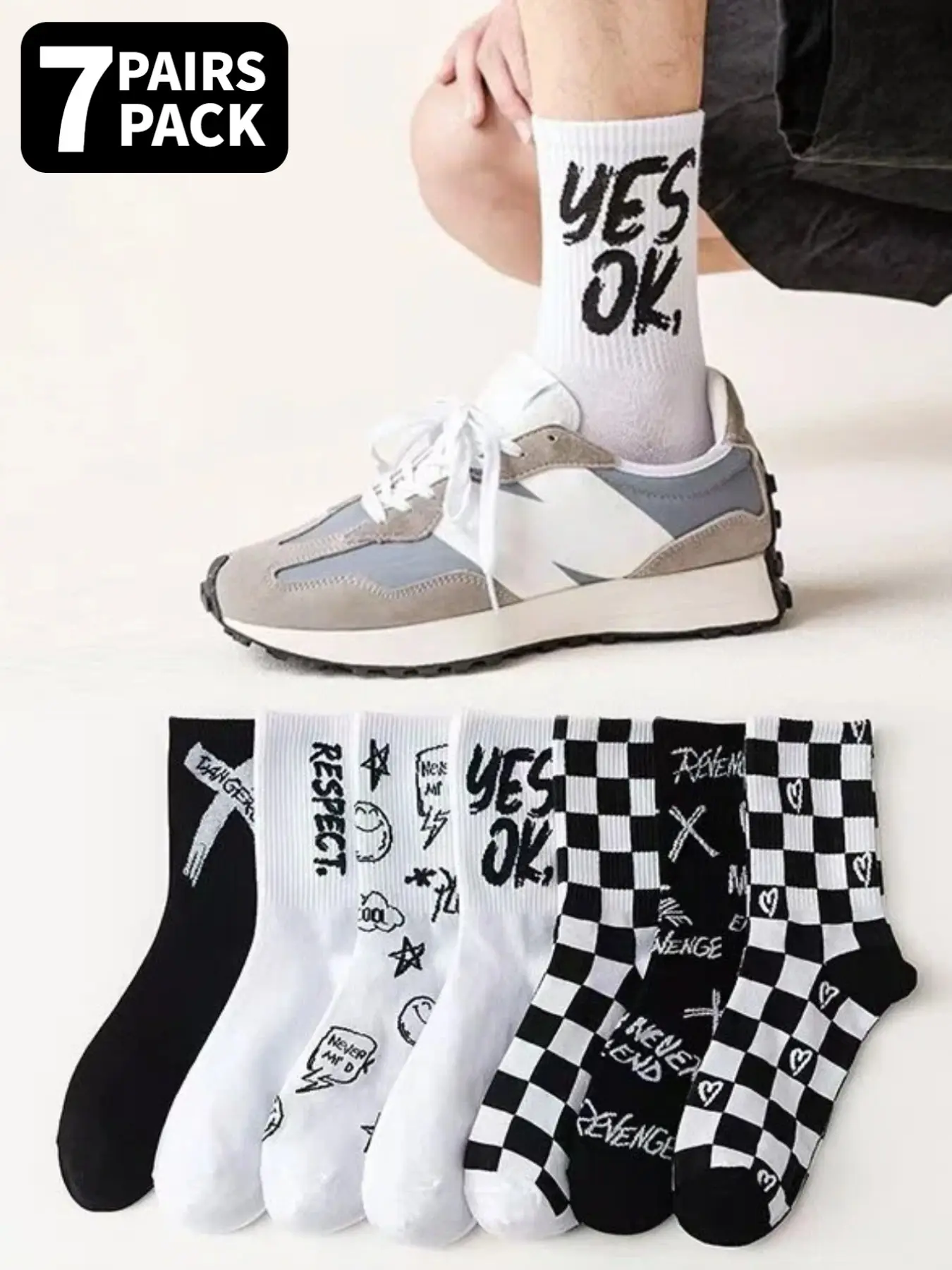 7 Pairs of Mid-Calf Socks Black & White Contrasting Color Blocking with Alphabet Checkered Print Elastic Top for Comfy Comfortable Fit Breathable & Sweat-Wicking Streetwear Chic Style Casual Stylish Socks Perfect for Everyday Wear Sock Packs