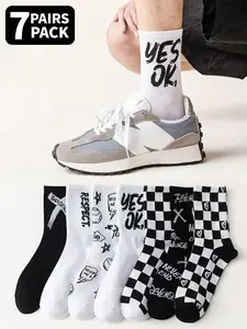 7 Pairs of Mid-Calf Socks Black & White Contrasting Color Blocking with Alphabet Checkered Print Elastic Top for Comfy Comfortable Fit Breathable & Sweat-Wicking Streetwear Chic Style Casual Stylish Socks Perfect for Everyday Wear Sock Packs