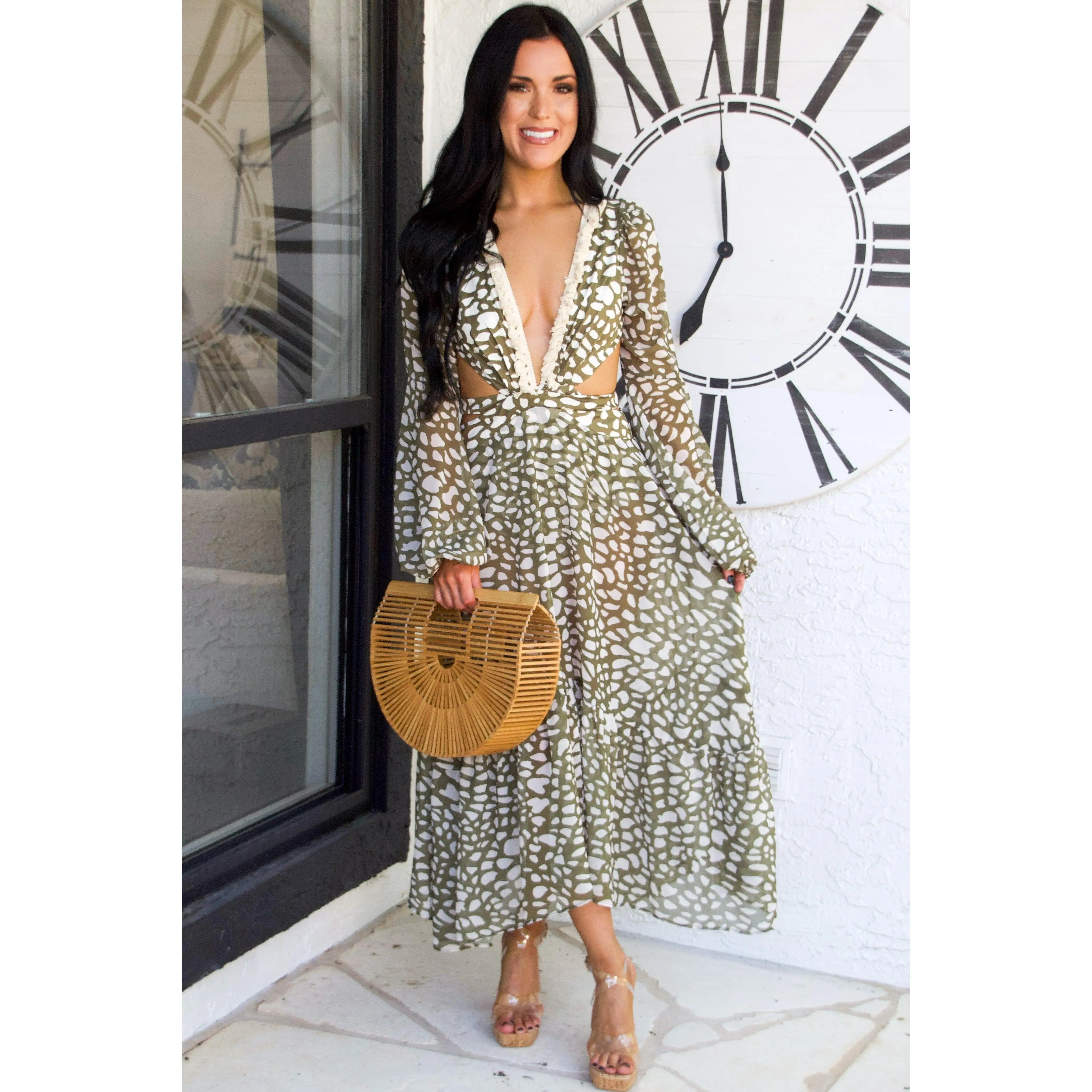 Sunkissed Riviera Cutout Printed Open Back Dress: Olive