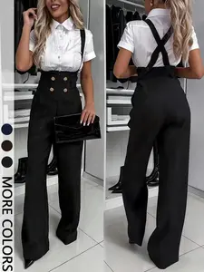 Women's Elegant Solid Color Wide Leg Overalls Jumpsuit, Casual Fitted Pants for Spring Summer Daily Wear, Commuter Womenswear, Casual Fashion Jumpsuit