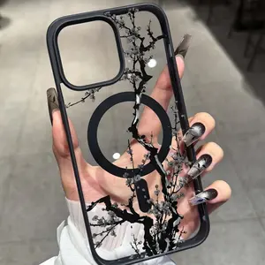 Plum Blossom Pattern Floral Magnetic Phone Case, Ultra Transparent Acrylic Protective Anti-Drop Cover for Samsung Galaxy S22/s23/s24 Etc., Apple iPhone Models