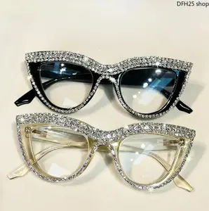 Women's 2 Piece Cat Eye Eyeglasses，Full Frame Rhinestone Inlaid Design，Blue Light Blocking Polycarbonate Lenses，UV & Screen Eye Protection，Elegant Casual Daily Eyewear Suitable For Office Study Outdoor Leisure Daily Life
