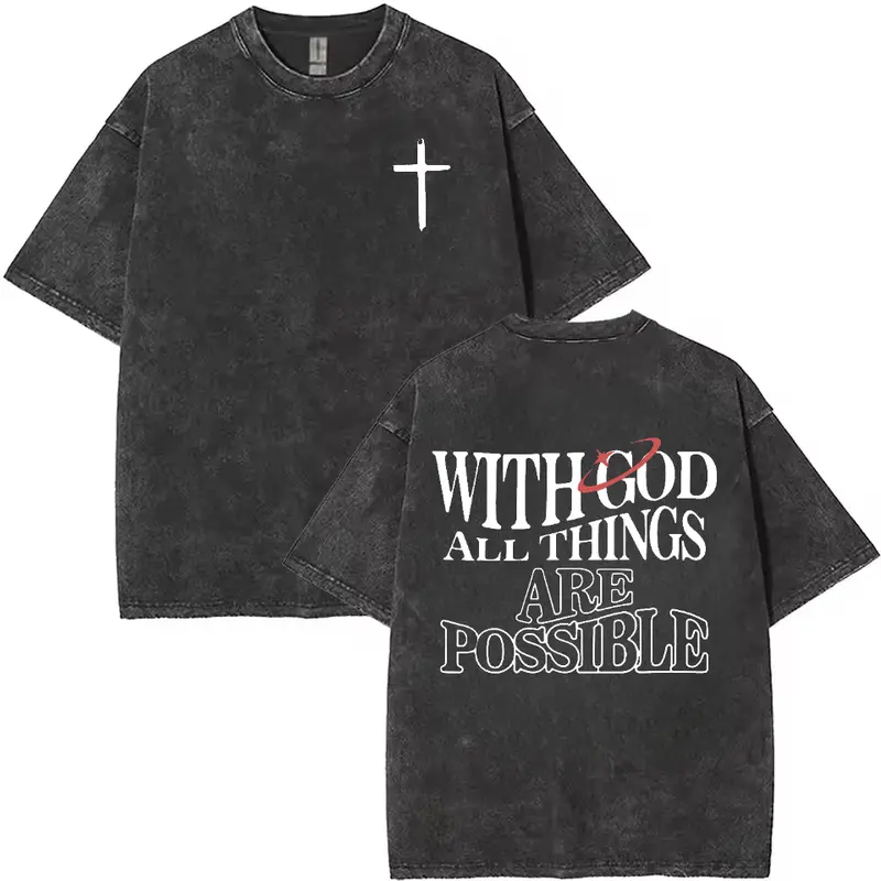Men's vintage washed cotton T-shirt with the design 'With God all things are possible' from Matthew 26:41, loose fit short-sleeve shirt, black with white lettering, casual attire, high-quality fabric