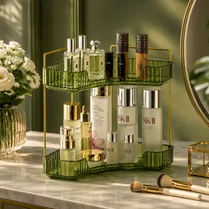 2-Tier Green Corner Bathroom Counter Organizer, Transparent Acrylic Vanity Shelf with Gold Metal Frame, Large Capacity Makeup Organizer for Skincare, Perfume, Cosmetics, Bedroom, Bathroom & Kitchen Storage