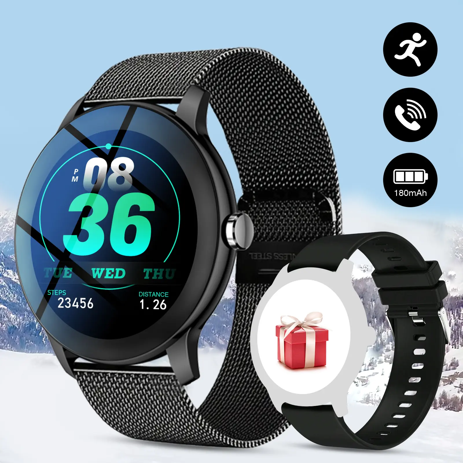 2026 new smart watch, featuring a full touch screen, supporting wireless calls and message notifications, integrated with multiple functions such as fitness tracking, alarms, and timers, compatible with both iPhone and Android devices.