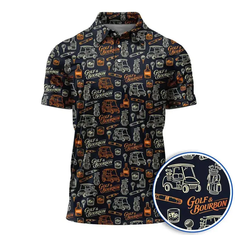Men's Black Orange Bourbon Whiskey Graphic Performance Golf Polo Made in USA