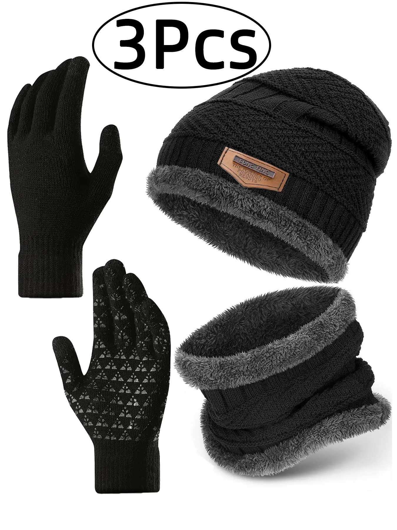 3 Pcs Winter Warm Insulation Windproof Fleece Knit Thick Scarf & Hat & Gloves Complete Set, Cold Weather Accessories, Men Accessories, Cozy and Stylish, Seasonal Warmth, Perfect for Outdoor Activities