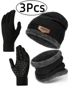 3 Pcs Winter Warm Windproof Fleece Knit Thick Scarf & Hat & Gloves Set, Cold Weather Accessories, Cozy and Stylish, Perfect for Outdoor Activities