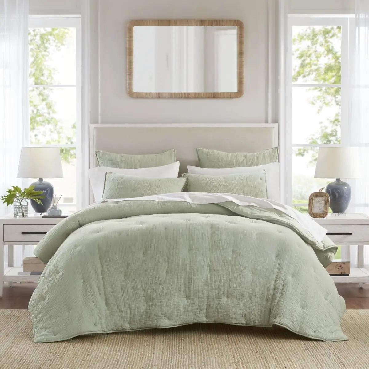 360 stand King Size Sage Embroidered Quilt Set - Crinkled Weave Year-Round Cotton Gauze Bedding, Natural Tones King Comforter Set, Casual Bedding Set, Muslin Quilt Set